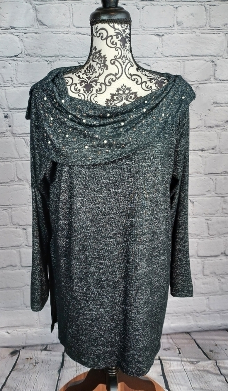Chico's women's long sleeve stretch knit beaded collar sz 2 geometric print b14